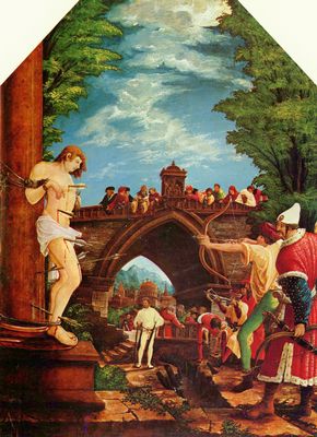 Albrecht Altdorfer: Sebastiansaltar des Augustiner-Chorherrenstifts St. Florian bei Linz, rechter Auenflgel, Szene oben: Das Martyrium des Hl. Sebastian