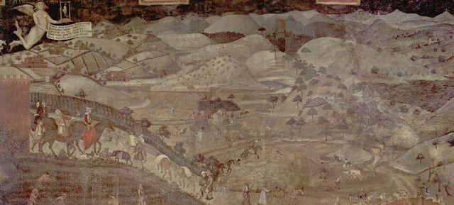 Ambrogio Lorenzetti: Freskenzyklus Allegorien der guten und der schlechten Regierung im Ratssaal der Neun, Palazzo Pubblico in Siena, Szene: Auswirkungen der guten Regierung auf dem Land