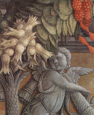 Andrea Mantegna: Altarretabel von San Zeno in Verona, Triptychon, Mitteltafel, Szene: Thronende Madonna und Engel, Detail