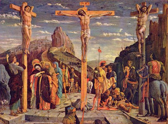 Andrea Mantegna: Altarretabel von San Zeno in Verona, Triptychon, mittlere Predellatafel: Kreuzigung