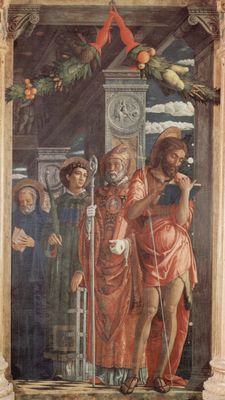 Andrea Mantegna: Altarretabel von San Zeno in Verona, Triptychon, rechte Tafel: Hl. Benedikt, Hl. Laurentius, Hl. Gregorius und Hl. Johannes der Tufer