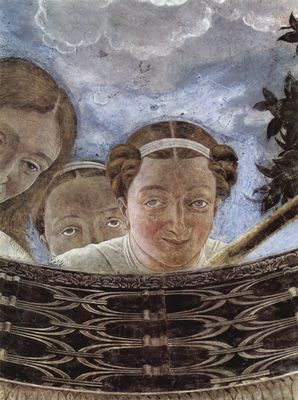 Andrea Mantegna: Freskenzyklus in der Camera degli Sposi im Palazzo Duccale in Mantua, Szene: Gewlbefresko, Detail: Frauenkopf