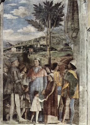 Andrea Mantegna: Freskenzyklus in der Camera degli Sposi im Palazzo Duccale in Mantua, Szene: Zusammentreffen von Herzog Ludovicio Gonzaga mit Kardinal Francesco Gonzaga und dessen Shnen