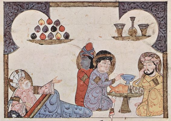 Arabischer Maler um 1275: Das Bankett der rzte des al-Mukhtr ibn al-Hasan ibn Butln, Szene: Der erwachende Arzt findet eine tafelnde Gesellschaft in seinem Hause vor