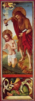 Bernt Notke: Johannesaltar der Schonenfahrer, rechter Auenflgel, Szene oben: Taufe Christi, Szene unten: Ein Prophet