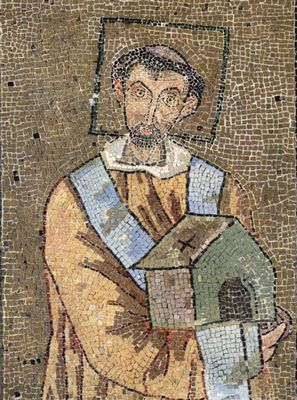 Byzantinischer Mosaizist um 705: Portrt des Papstes Johannes VII. als Stifter mit Kirchenmodell, Fragment