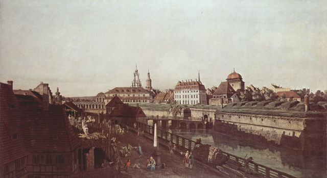 Canaletto (I): Ansicht von Dresden, Die Festungswerke in Dresden, Festungsgraben mit Brcke zwischen Wilschen Tor und Postmeilensule