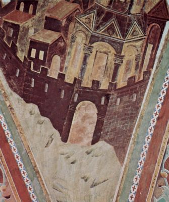 Cimabue: Fresken in der Oberkirche San Francesco in Assisi, Fresko im Vierungsgewölbe, Szene: Hl. Lucas, Detail: Architektur