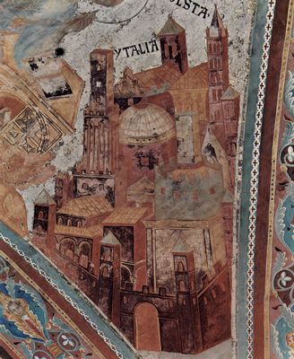 Cimabue: Fresken in der Oberkirche San Francesco in Assisi, Fresko im Vierungsgewölbe, Szene: Hl. Marco, Detail: Architektur (Ytalia)