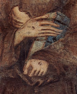 Cimabue: Fresken in der Unterkirche San Francesco in Assisi, rechtes Querschiff, Szene: Thronende Madonna, vier Engel und Hl. Franziskus, Detail