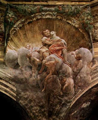 Correggio: Kuppelfresko im Dom, Szene: Verkndigung, Detail in Gewlbezwickel: Hl. Johannes der Tufer