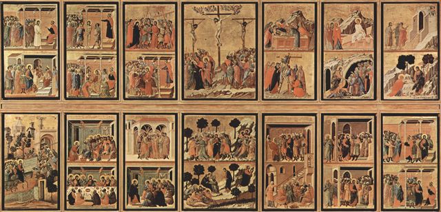 Duccio di Buoninsegna: Maest, Altarretabel des Sieneser Doms, Rckseite, Hauptregister mit Szenen zu Christi Passion, Gesamtansicht