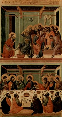 Duccio di Buoninsegna: Maest, Altarretabel des Sieneser Doms, Rckseite, Hauptregister mit Szenen zu Christi Passion, Szenen: Fuwaschung und das Letzte Abendmahl