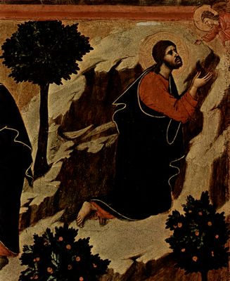 Duccio di Buoninsegna: Maest, Altarretabel des Sieneser Doms, Rckseite, Hauptregister mit Szenen zu Christi Passion, Szenen: Judaskuss und Gebet auf dem lberg, Detail: Betender Christus und Engel mit Kelch