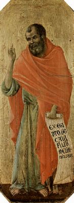 Duccio di Buoninsegna: Maest, Altarretabel des Sieneser Doms, Vorderseite, Predella mit Szenen aus der Kindheit Jesu und Propheten, Szene: Prophet Hosea