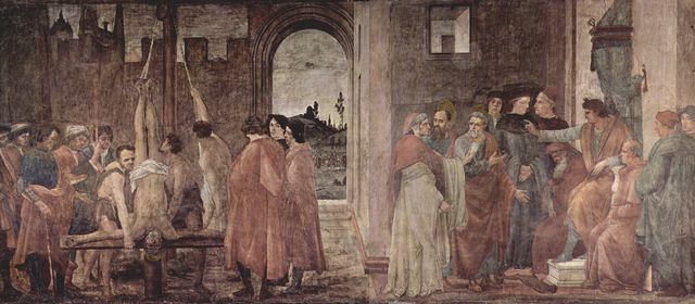 Filippino Lippi: Freskenzyklus der Brancacci-Kapelle in Santa Maria del Carmine in Florenz, Szene: Martyrium des Hl. Petrus und Disput mit dem Magier Simon vor Nero