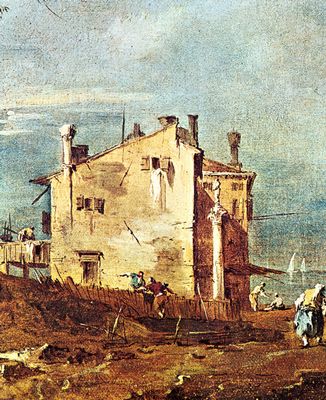 Francesco Guardi: Carpriccio, Szene: Ruinenarkade und Bauernhuser bei der Lagune, Detail