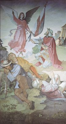 Friedrich Overbeck: Freskenzyklus im Casa Massimo in Rom, Tasso-Saal, Szene: Der Erzengel Gabriel gebietet Gottfried von Bouillon die Befreiung Jerusalems