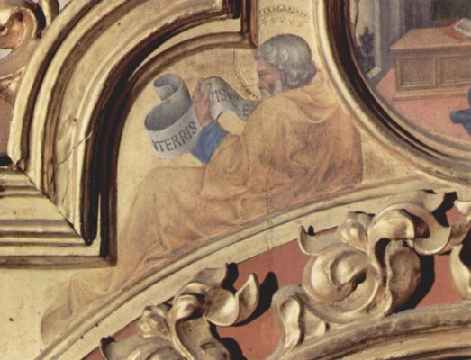 Gentile da Fabriano: Anbetung der Heiligen Drei Knige, rechtes Giebelfeld, linke Szene: Prophet Baruch