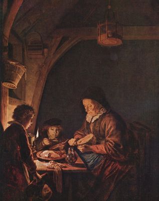 Gerard Dou: Brotschneidende alte Frau