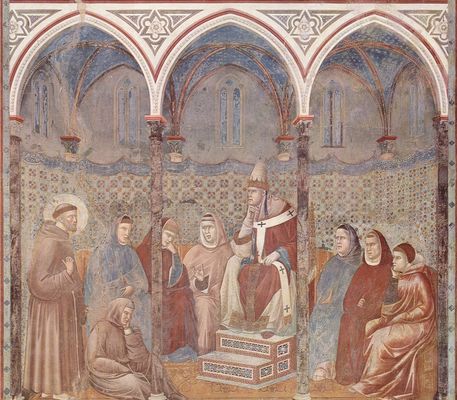 Giotto di Bondone: Freskenzyklus zum Leben des Hl. Franziskus von Assisi, Szene: Die Predigt das Hl. Franziskus vor Papst Honorius III.