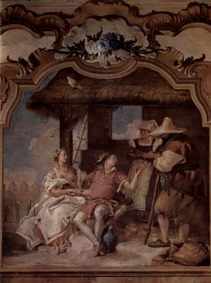 Giovanni Domenico Tiepolo: Fresken in der Villa Vallmarana, Vicenca, Szene: Angelica und Medorus in Begleitung zweier Bauern