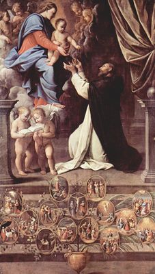 Guido Reni: Rosenkranzmadonna, Szene: Maria mit Hl. Dominikus, zwei Engeln sowie Medaillons mit Darstellung zu Szenen aus dem Leben Jesu und der Passion