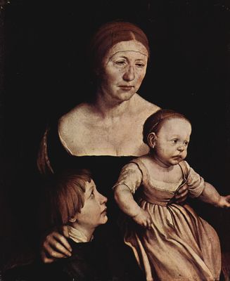 Hans Holbein d. J.: Portrt seiner Gattin Elsbeth Binsenstock mit den beiden lteren Kindern Philipp und Katharina