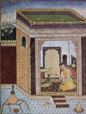 Indischer Maler um 1580: Tuti-Nâma-Manuskript, Szene: Mädchen mit Papagei