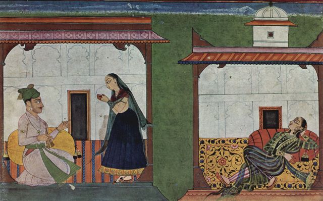 Indischer Maler von 1720: Rasamajar-Manuskript des Bhnudatta (Erotische Abhandlung), Szene: Liebhaber