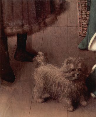 Jan van Eyck: Arnolfini-Hochzeit, Hochzeitsbild des Giovanni Arnolfini und seine Frau Giovanna Cenami, Detail: Hund