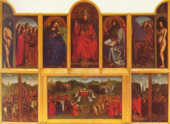Jan van Eyck: Genter Altar, Altar des Mystischen Lammes, Szene: Ansicht des geffneten Altars