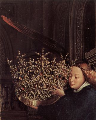 Jan van Eyck: Madonna des Kanzlers Nicholas Rolin, Detail: Engel mit der Krone Mariens