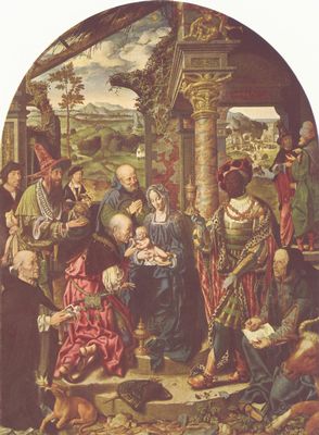 Joos van Cleve: Die (große) Anbetung der Könige mit Hl. Dominikus und Hl. Lucas