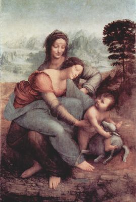Leonardo da Vinci: Hl. Anna selbtritt, Szene: Hl. Anna, Maria, Christuskind mit Lamm