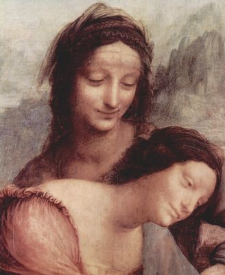 Leonardo da Vinci: Hl. Anna selbtritt, Szene: Hl. Anna, Maria, Christuskind mit Lamm, Detail: Anna und Maria
