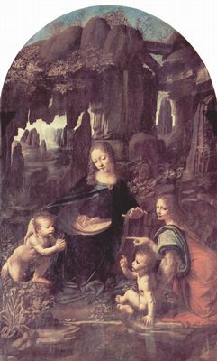 Leonardo da Vinci: Madonna in der Felsengrotte, Szene: Maria mit Christuskind, Johannes dem Täufer als Kind und einem Engel