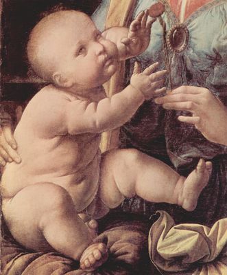 Leonardo da Vinci: Madonna mit der Nelke, Detail: Christuskind und Nelke