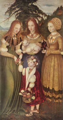 Lucas Cranach d. .: Katharinenaltar, linker Flgel, Szene: Die Heiligen Dorothea, Agnes und Kunigunde