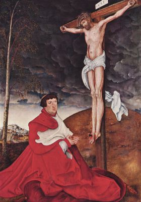 Lucas Cranach d. .: Kreuzigung mit knienendem Kardinal Albrecht von Brandenburg (Portrt)