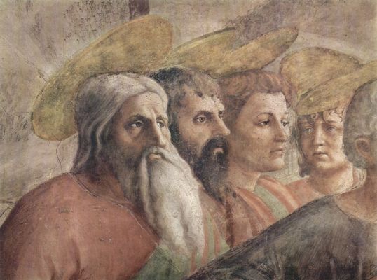 Masaccio: Freskenzyklus der Brancacci-Kapelle in Santa Maria del Carmine in Florenz, Szenen aus dem Leben Petri, Szene: Der Zinsgroschen, Detail: Jünger