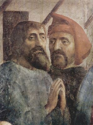 Masaccio: Freskenzyklus der Brancacci-Kapelle in Santa Maria del Carmine in Florenz, Szenen aus dem Leben Petri, Szene: Schattenheilung des Petrus, Detail