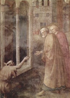 Masolino: Freskenzyklus der Brancacci-Kapelle in Santa Maria del Carmine in Florenz, Szenen aus dem Leben Petri, Szene: Heilung eines Lahmen durch Petrus und Johannes