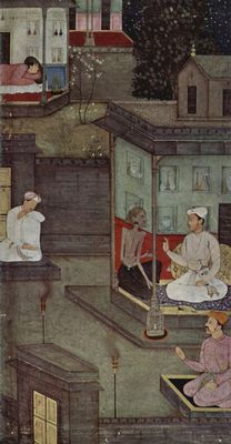 Meister des Jog-Vashisht-Manuskripts: Jog Vashisht-Manuskript, Szene: Ein weiblicher Dämon unterhält sich nachts mit einem König