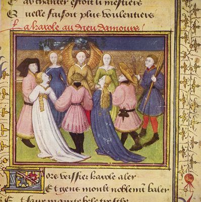 Meister des Rosenromans: Roman de la Rose, Szene: Reigen vor dem Genius der Liebe, Detail