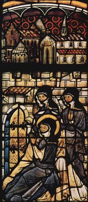 Meister von Königsfelden: Glasfenster im Chrorumgang der Klosterkirche von Königsfelden, Szene: Hl. Klara vor den Mauern von Assisi