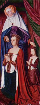 Meister von Moulins: Triptychon von Moulins, rechter Flgel, Szene: Portrt der Anne de France mit der Schutzheiligen und ihrer Tochter Suzanne