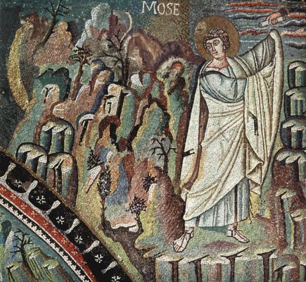 Meister von San Vitale in Ravenna: Chormosaiken in San Vitale in Ravenna, Szene: Moses erhlt die Gesetzestafeln auf dem Berge Sinai