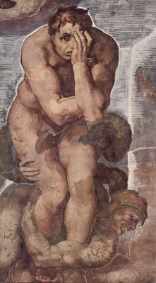 Michelangelo Buonarroti: Das Jngste Gericht, Fresko an der Altarwand der Sixtinischen Kapelle, Detail: Verdammter mit Figuren der Unterwelt