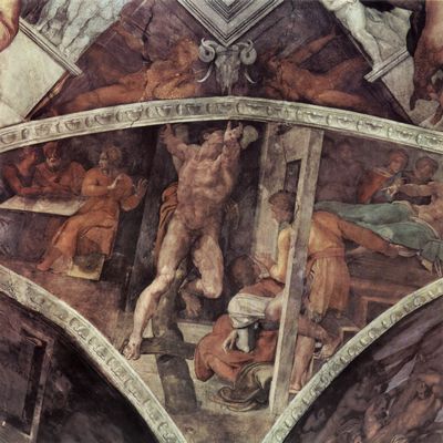 Michelangelo Buonarroti: Deckenfresko zur Schpfungsgeschichte in der Sixtinischen Kapelle, Szene in Lnette: Die Kreuzigung des Hamaan